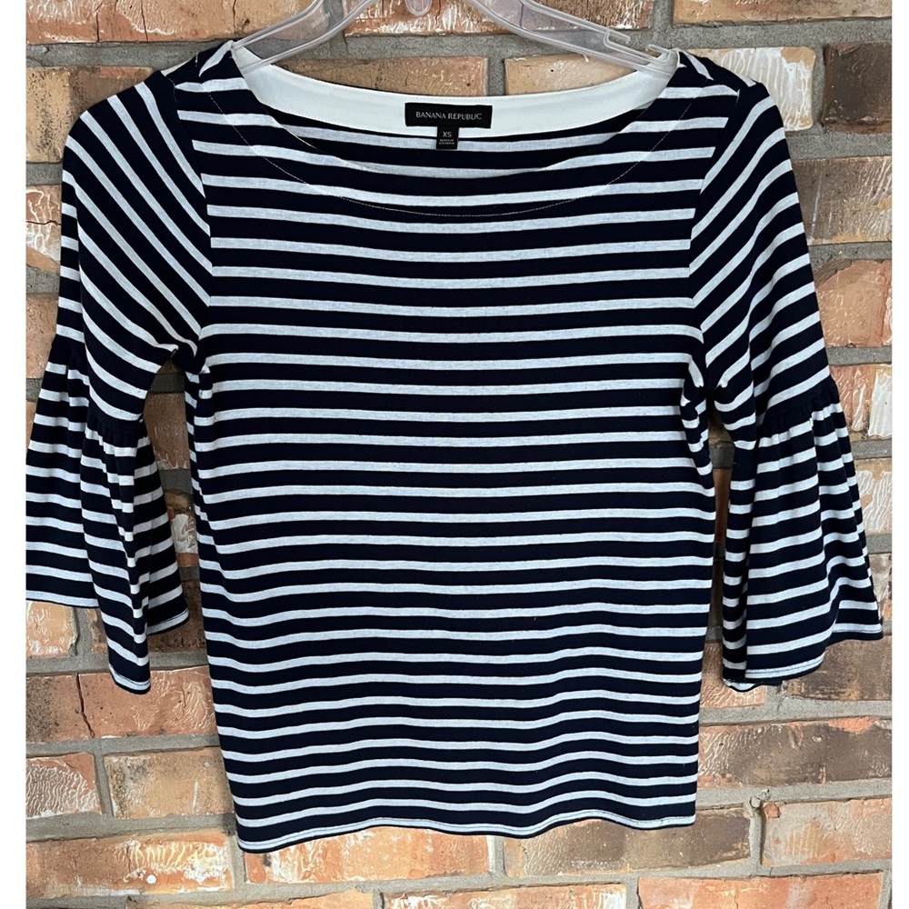 Banana Republic Women’s Navy and White Striped 3/4 Bell Sleeve Too XS